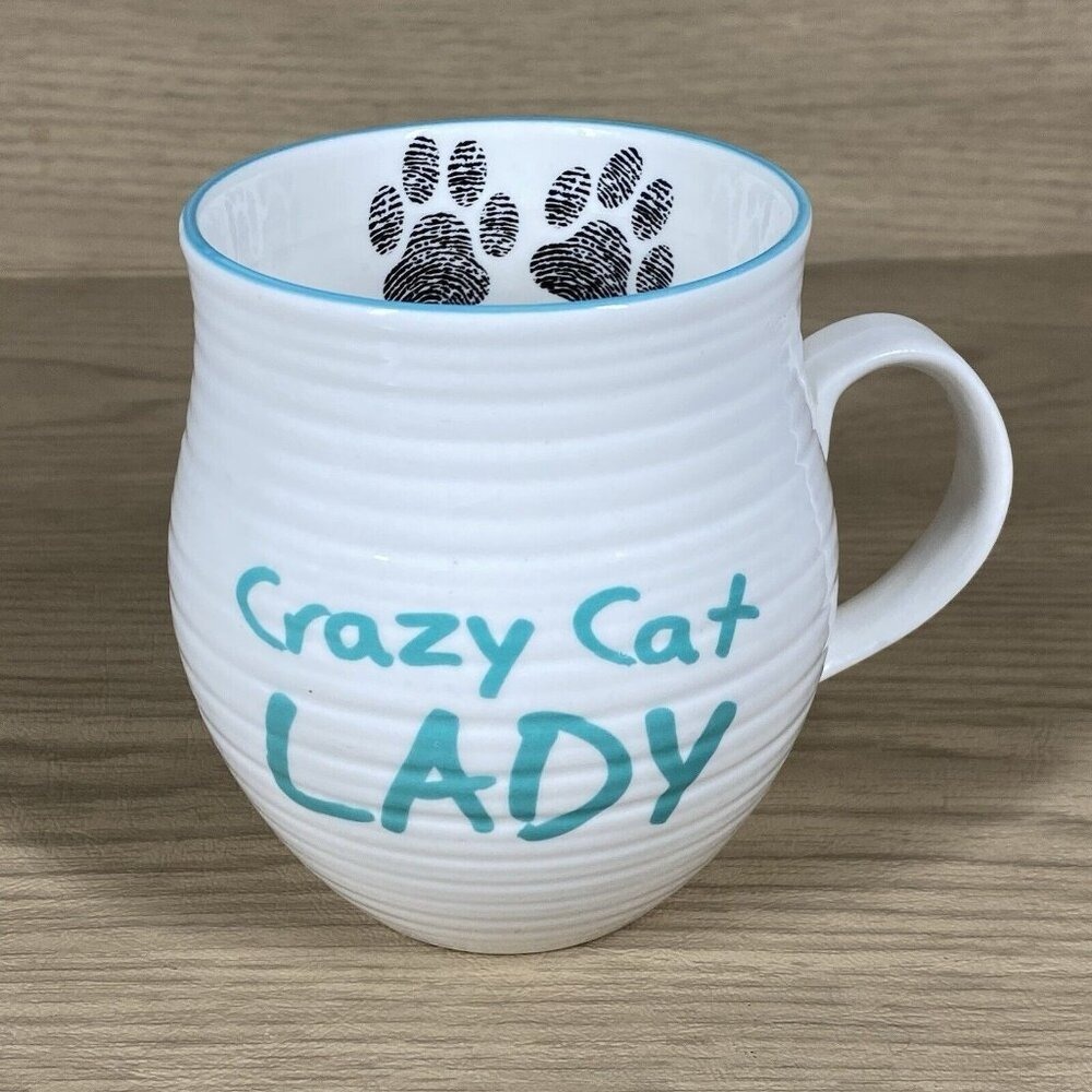 Crazy Cat Lady Coffee Cup Mug with Paw print White Aqua / Teal